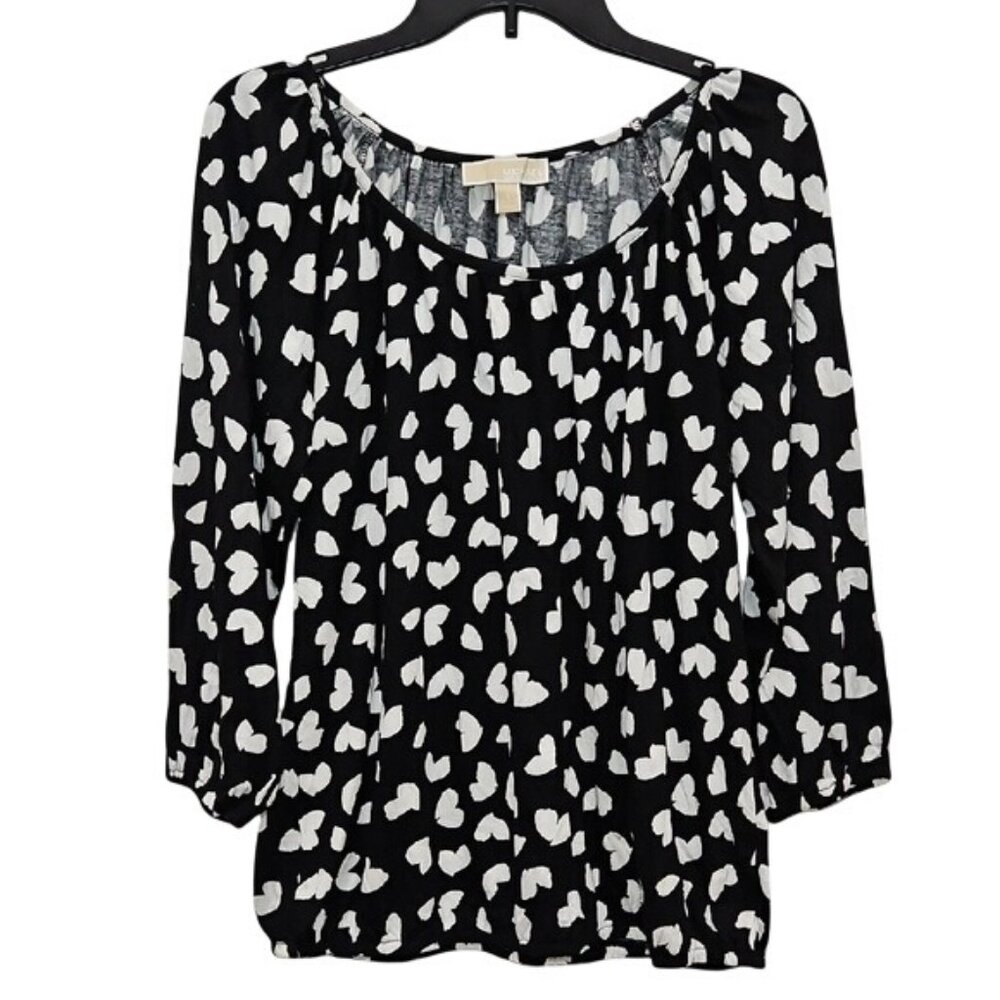 Michael Kors Heart Print 3/4 Sleeve Blouse Jersey Top Size Large Relaxed Office